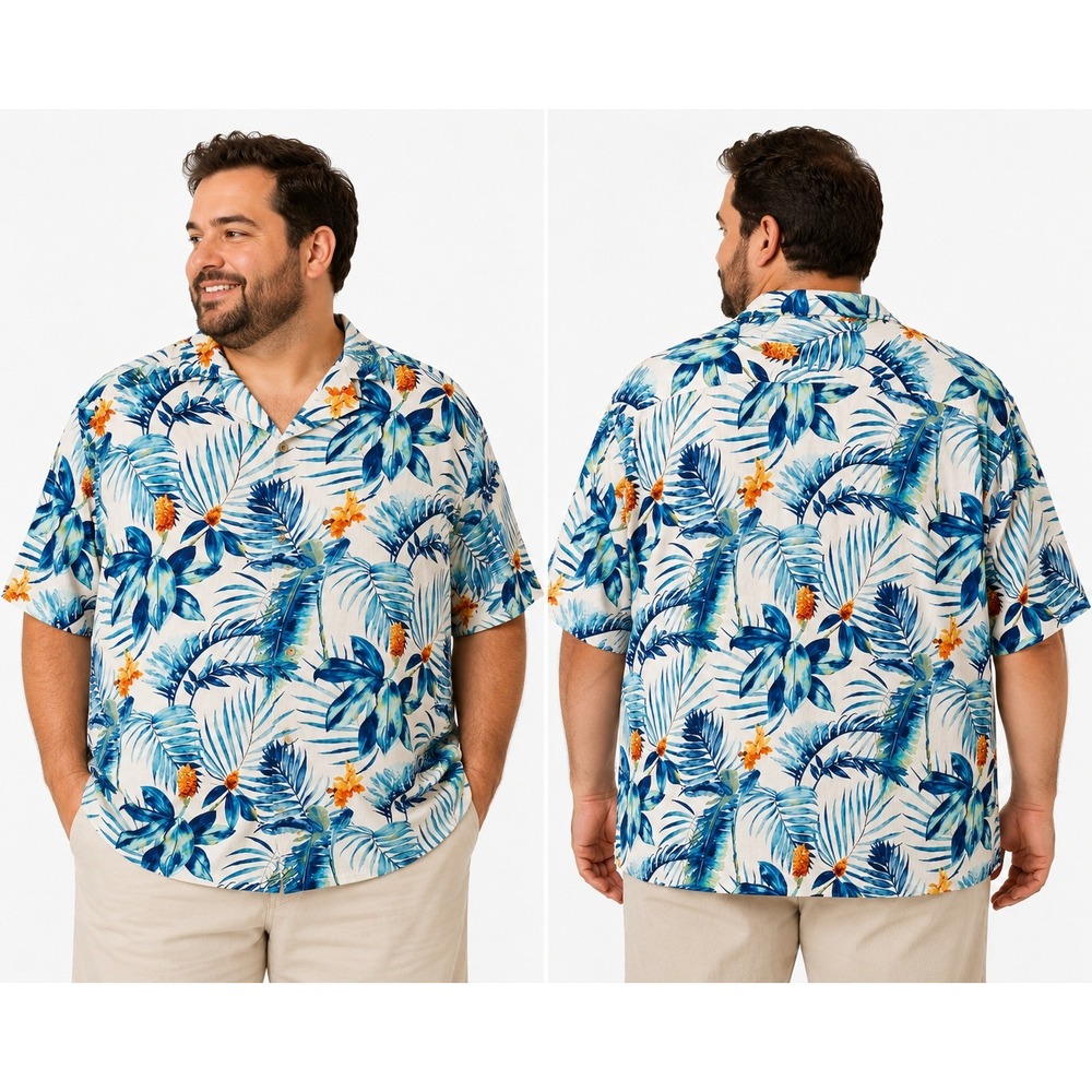 Tommy Bahama Mens 100% Silk 3XL Plus Tropical Print Hawaiian Shirt Orange Palm